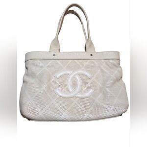 Vintage Chanel Cream Perforated Leather Tote Bag Authentic Preloved Purse Pretty